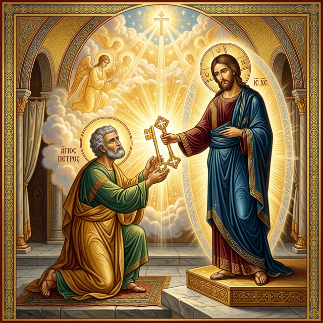 Jesus Christ handing the keys to St. Peter