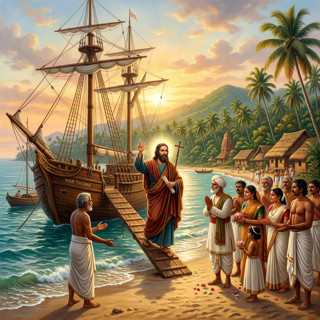 St. Thomas arriving on a ship at the Malabar Coast of India